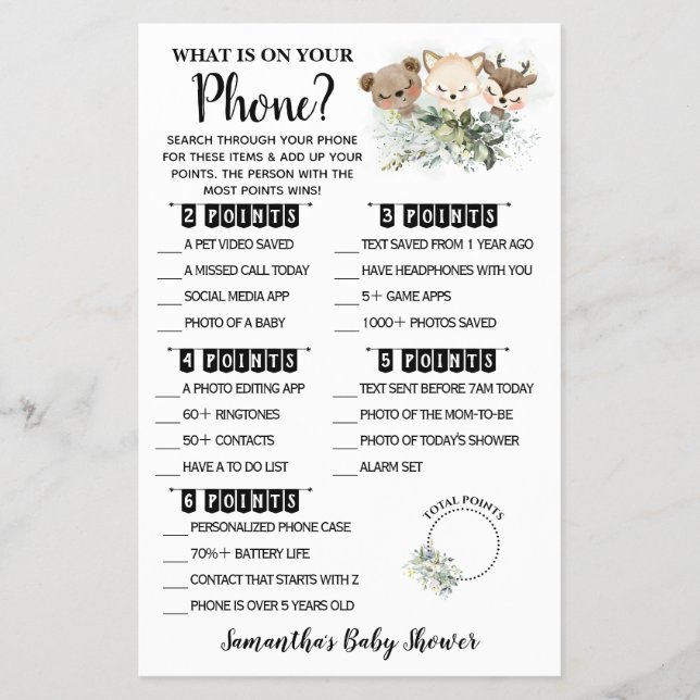 Forest What is on your Phone Baby Shower Game card Flyer (Front)