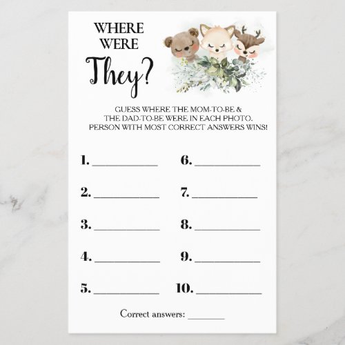 Forest Where were They Baby Shower Game Card Flyer