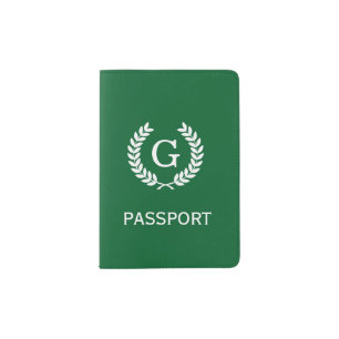 Forest White Wheat Laurel Wreath Initial Monogram Passport Holder