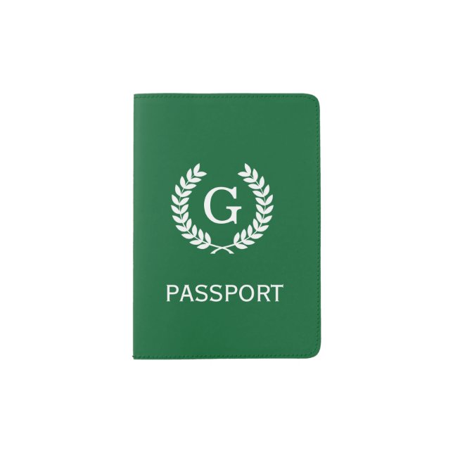Forest White Wheat Laurel Wreath Initial Monogram Passport Holder (Front)