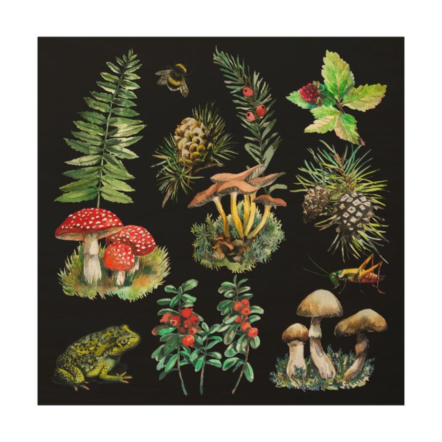 Forest, wild mushrooms wood wall art (Front)