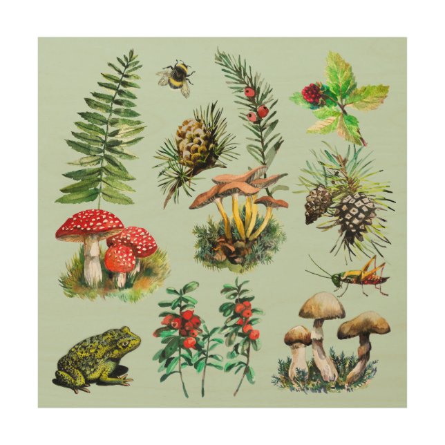 Forest, wild mushrooms wood wall art (Front)
