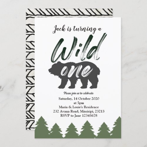 Forest Wild One first birthday invitation card