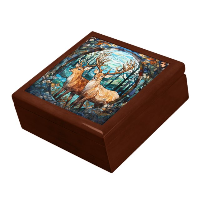 Forest Wildlife Double Buck Deer Stained Glass Gift Box (Side)