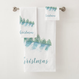 Forest Winter Snow Watercolor Christmas Bath Towel Set