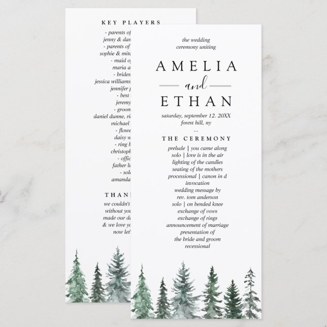 Forest Wintre Watercolor Wedding Program (Front/Back)