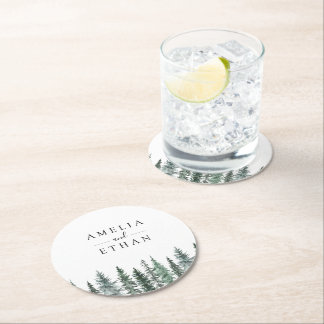 Forest Wintre Watercolor Wedding Round Paper Coaster