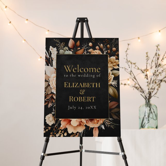 Forest Witch Black Floral Wedding Welcome Sign (In Situ (Stand))