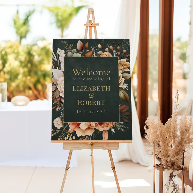 Forest Witch Green Floral Wedding Welcome Sign (Forest Witch Green Floral Wedding Welcome Sign at the entrance of a restaurant)