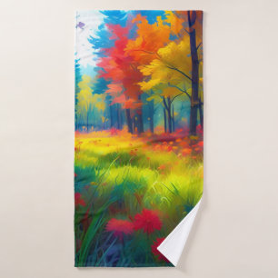 Forest with Colorful Trees And Flowers Bath Towel