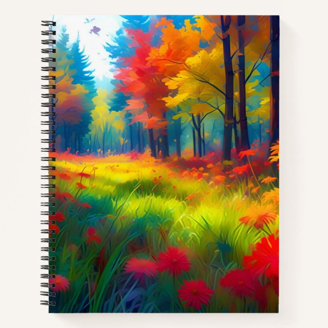 Forest with Colorful Trees And Flowers Notebook (Front)