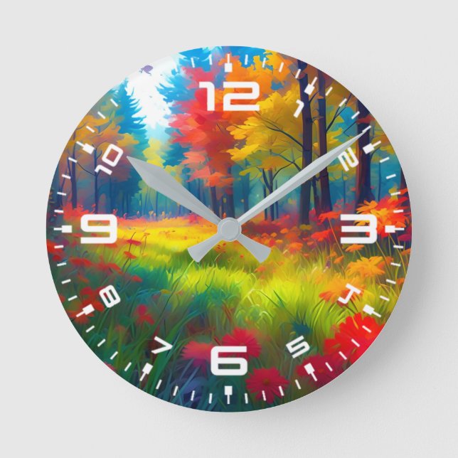 Forest with Colorful Trees And Flowers Round Clock (Front)