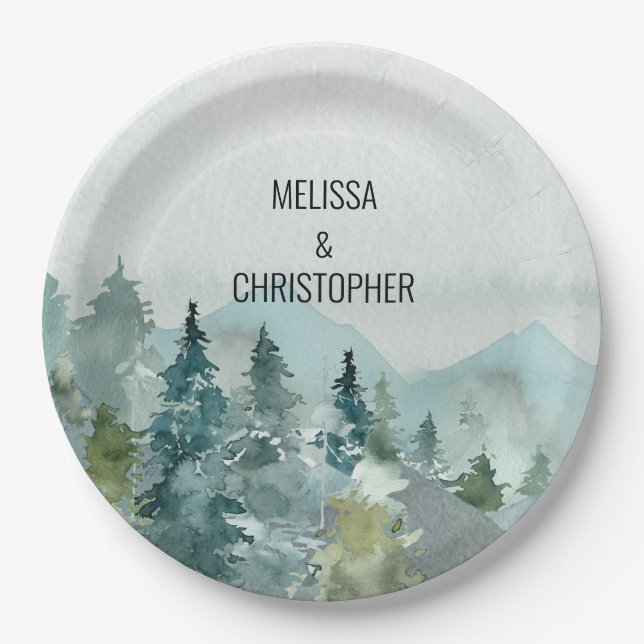 Forest Wonder Rustic Pine Wedding Paper Plates (Front)