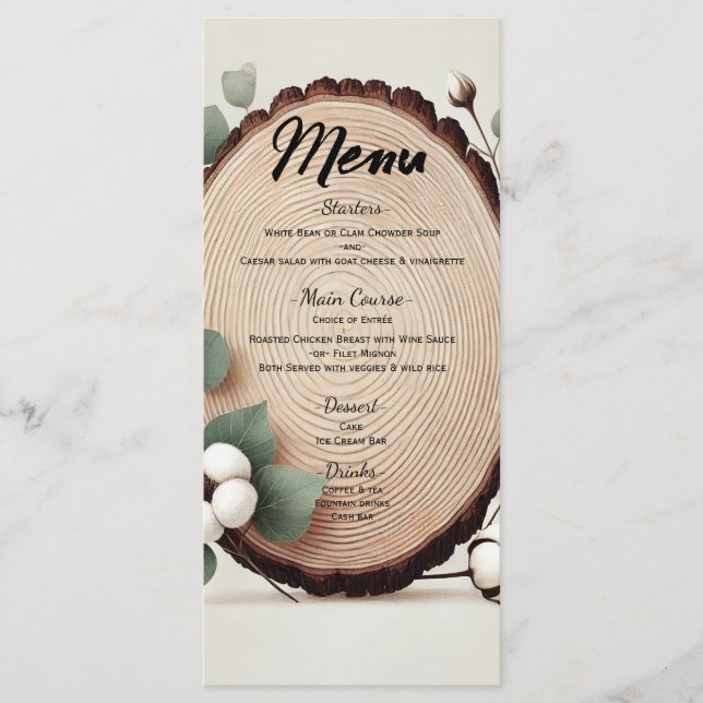 Forest Wood Eucalyptus Cotton Rustic Wedding Menu (Front)