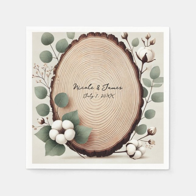 Forest Wood Eucalyptus & Cotton Rustic Wedding Napkins (Front)