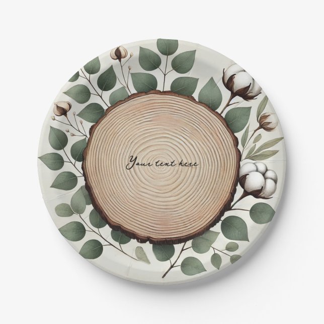 Forest Wood Eucalyptus & Cotton Rustic Wedding Paper Plates (Front)