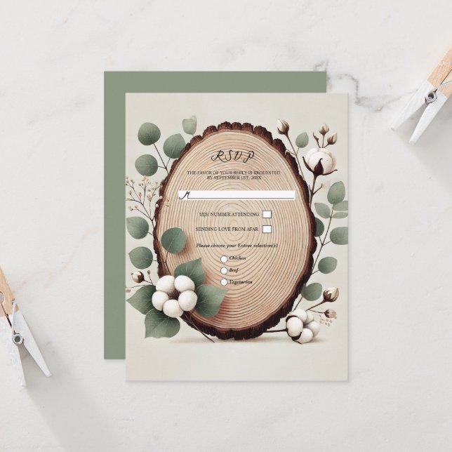 Forest Wood Eucalyptus Cotton Rustic Wedding RSVP Invitation (Front/Back In Situ)