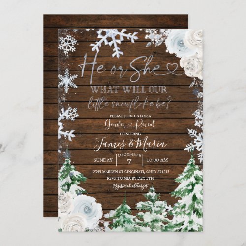  Forest Wood Gender Reveal He or She Snowflakes Invitation