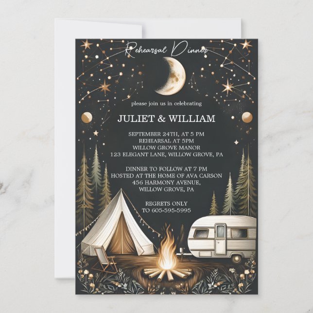 Forest Wood Sky Tree Fire Camping Rehearsal Dinner Invitation (Front)