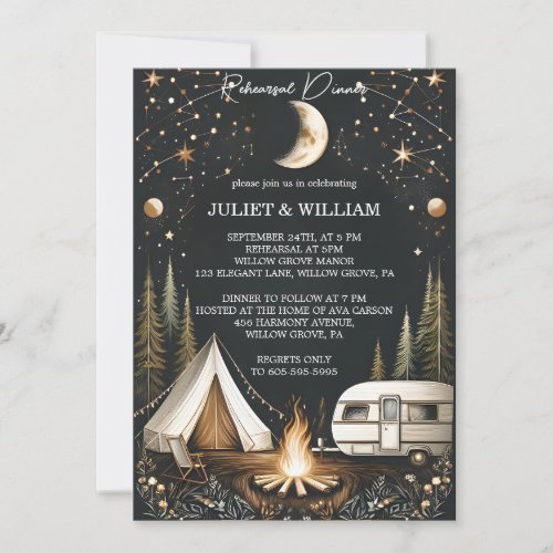 Forest Wood Sky Tree Fire Camping Rehearsal Dinner Invitation