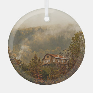 Forest Wooden House: Tranquil Scene Glass Ornament