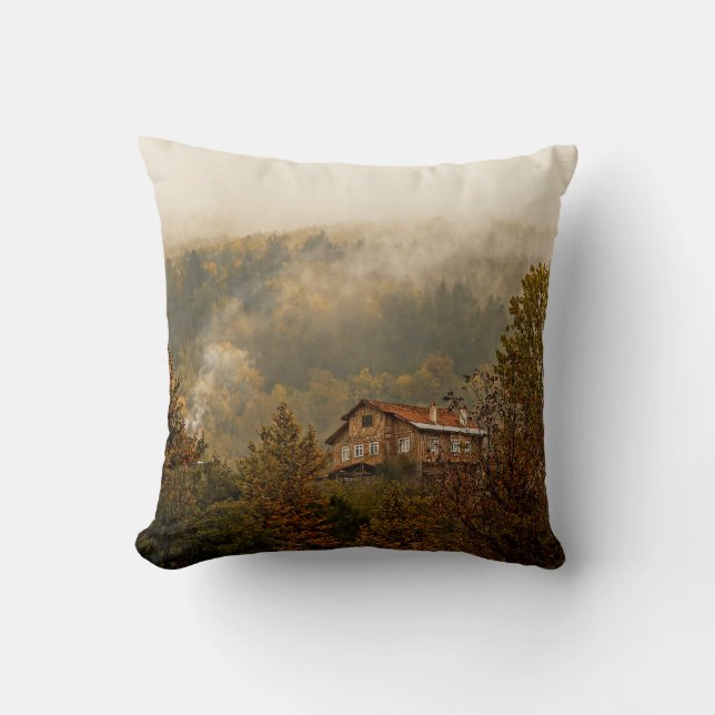 Forest Wooden House: Tranquil Scene Throw Pillow (Front)
