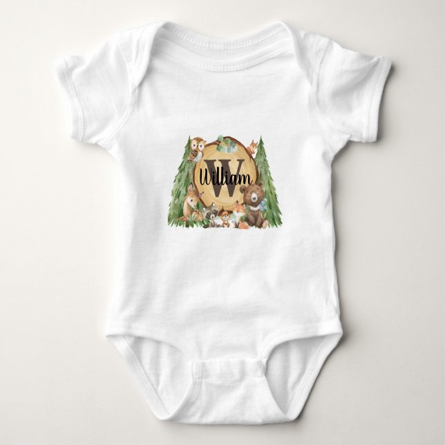 Forest Woodland Animal Monogram Baby Boy Baby Bodysuit (Front)