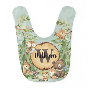 Forest Woodland Animal Monogram Baby Boy Bib