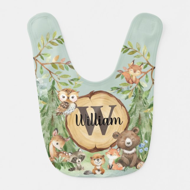 Forest Woodland Animal Monogram Baby Boy Bib (Front)
