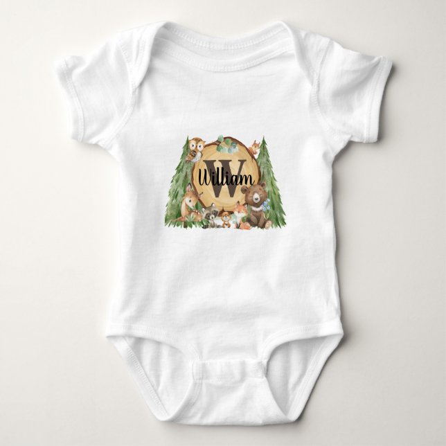 Forest Woodland Animal Monogram Baby Boy Bodysuit (Front)