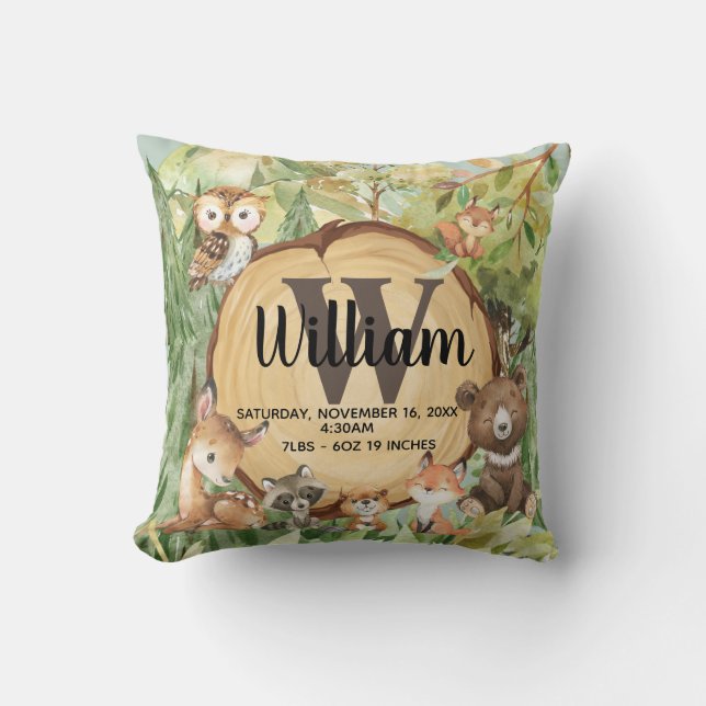 Forest Woodland Animal Monogram Birth Stats Pillow (Front)