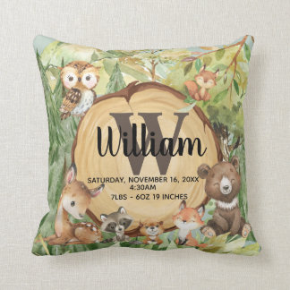 Forest Woodland Animal Monogram Birth Stats Pillow