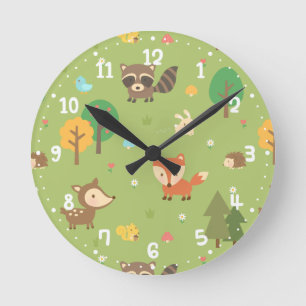 Forest Woodland Animal Pattern Kids Room Decor Round Clock