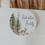 Forest Woodland Animals Adventure Awaits Button<br><div class="desc">Introducing our forest woodland animals adventure awaits button – perfect for a cute and whimsical celebration! Featuring a modern watercolor forest theme with adorable creatures like a fox, brown bear, bunny, and deer, it's great for a gender-neutral shower. This bohemian design sets a sweet and simple scene with its natural...</div>