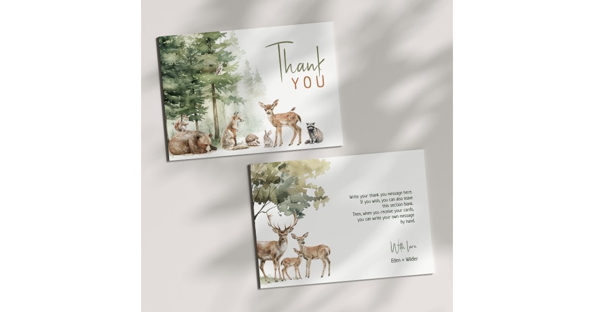 Forest Woodland Animals Baby Shower Flat Thank You Card | Zazzle