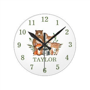 Forest Woodland Animals Bear Deer Fox Owl Numeral Round Clock