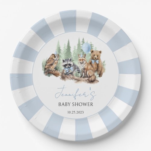 Forest Woodland animals blue boy baby shower Paper Plates