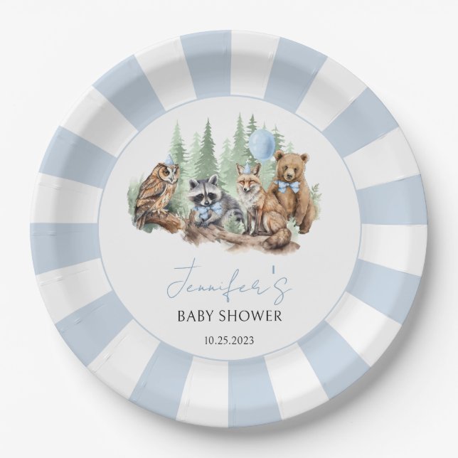 Forest Woodland animals blue boy baby shower Paper Plates (Front)