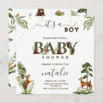 Forest woodland animals greenery baby boy shower invitation