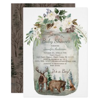 Forest Woodland Animals Mason Jar Baby Shower Invitation
