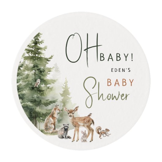 Forest Woodland Animals Oh Baby! Baby Shower Edible Frosting Rounds (Front)