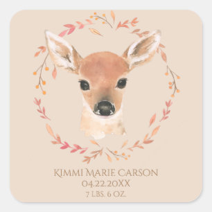 Forest Woodland Animals Watercolor Simple Birth Square Sticker