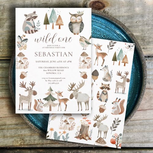 Forest Woodland Animals Wild One 1st Birthday Invitation