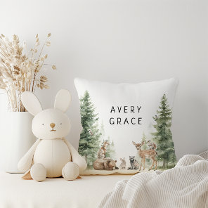 Forest Woodland Animals With Baby Name Throw Pillow