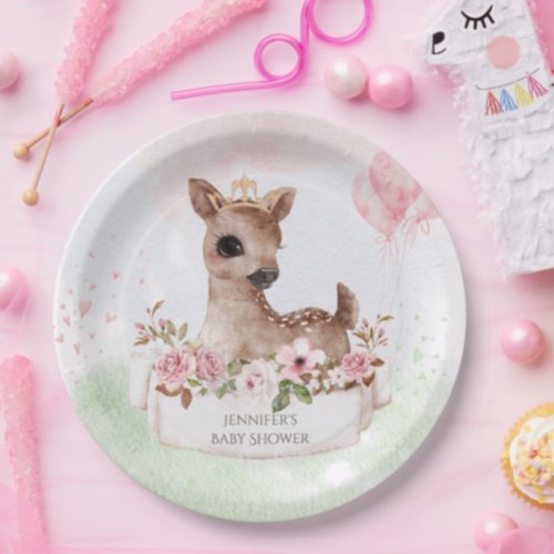 Forest Woodland Baby Girl Deer Watercolor Paper Plates