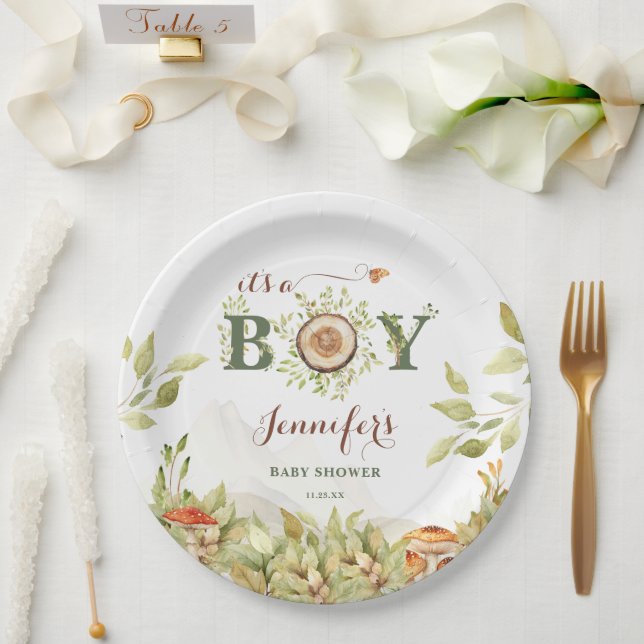 Forest Woodland Baby Shower Mushrooms Greenery Paper Plates (Wedding)