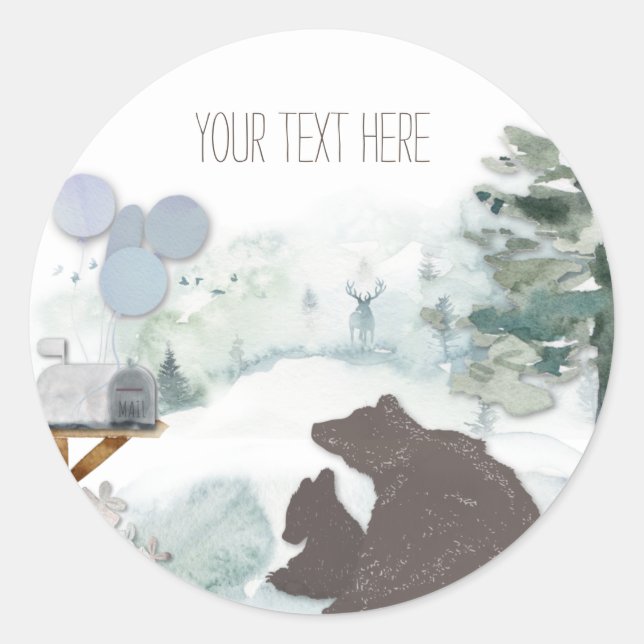 Forest Woodland Bear Birthday or Shower Classic Round Sticker (Front)