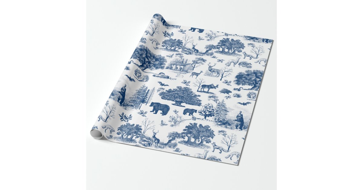 Blue and White Toile Wrapping Paper, Bunny Rabbit Toile