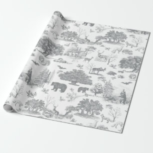 Forest Woodland Bear Moose Grey White Toile Wrapping Paper