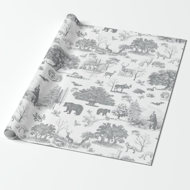 Forest Woodland Bear Moose Grey White Toile Wrapping Paper (Unrolled)